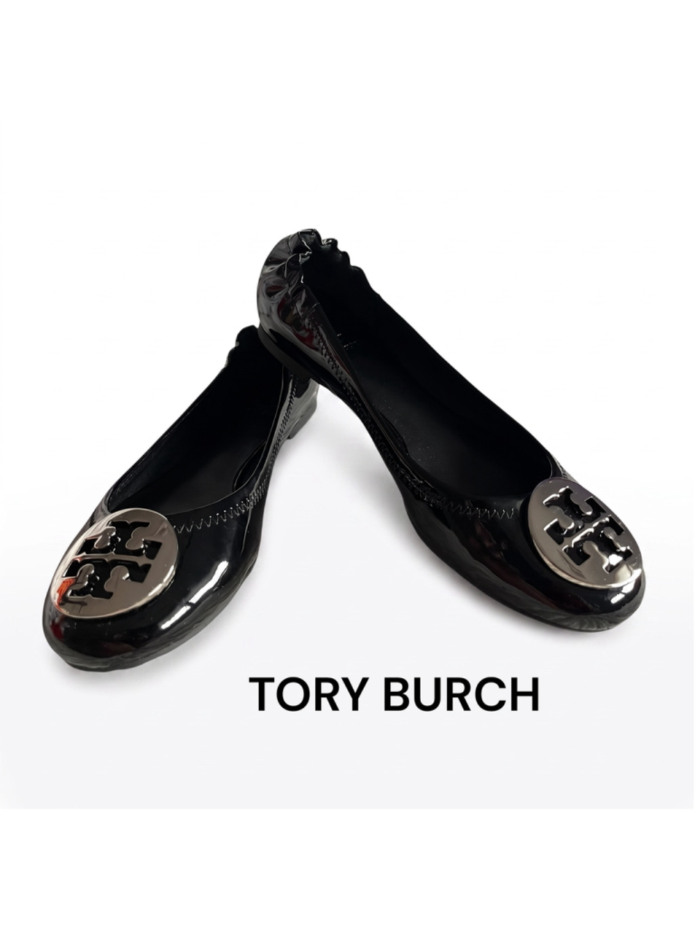Tory Burch Black Patent Leather REVA Ballet Flats Silver Logo 7